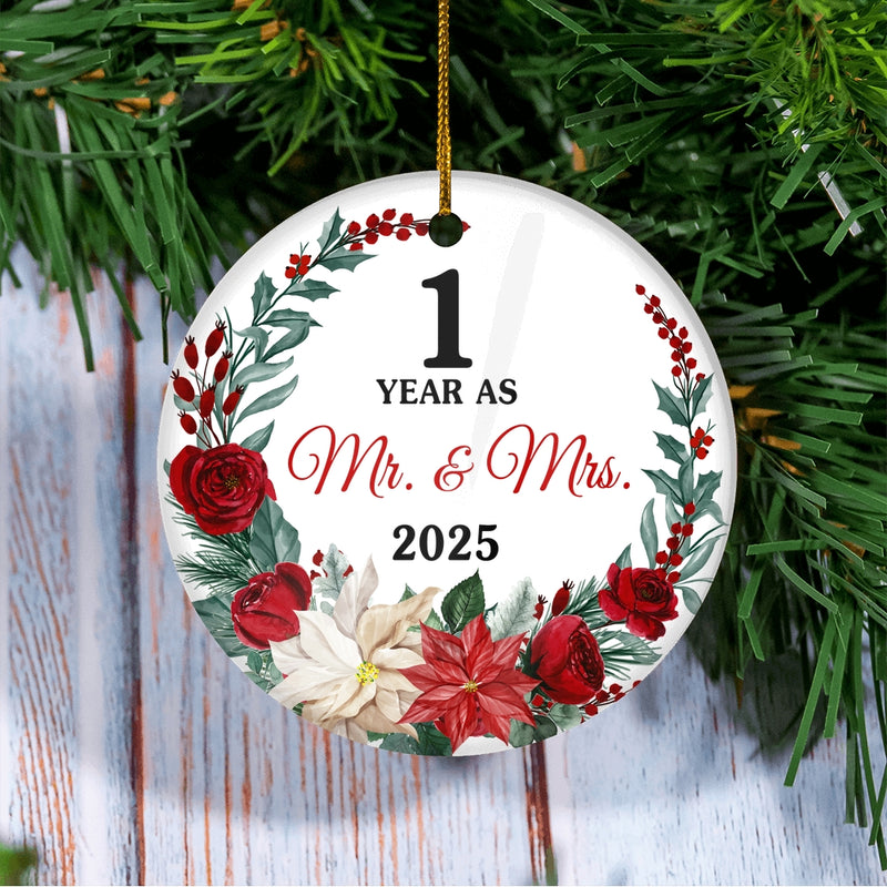 1st Wedding Anniversary Ornament Married 1 Year As Mr and Mrs For Couples Christmas Husband Wife Wedding Gift Holiday Decoration Christmas Tree Ornament Circle Ornament Mockup 3 800x.jpg