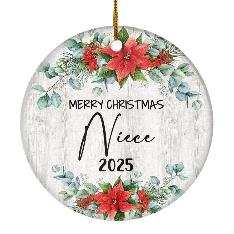 Merry Christmas Niece 2024 Ornament New Niece Farmhouse Rustic Gray Wood Deep Red Poinsettia Flower Decoration Christmas Tree Ornament Circle Ornament Mockup 1 800x.jpg