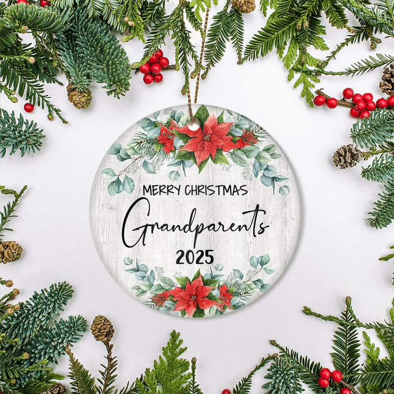 Merry Christmas Grandparents 2024 Ornament New GrandGrandparents Farmhouse Rustic Gray Wood Deep Red Poinsettia Flower Decoration Christmas Tree Ornament Circle Ornament Mockup 2 800x.jpg
