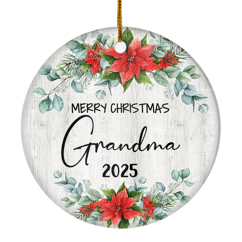 Merry Christmas Grandma 2024 Ornament New Grandma Farmhouse Rustic Gray Wood Deep Red Poinsettia Flower Decoration Christmas Tree Ornament Circle Ornament Mockup 1 800x.jpg