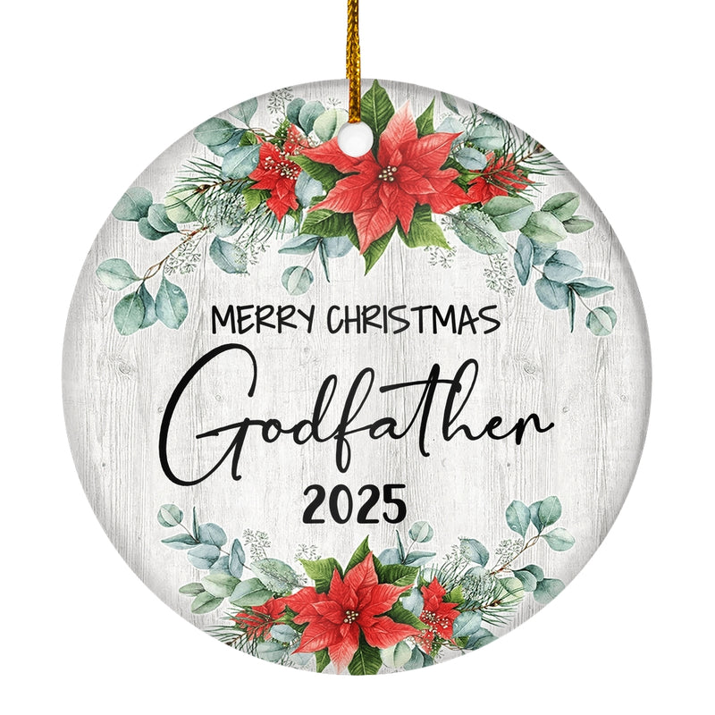 Merry Christmas Godfather 2024 Ornament New Godfather Farmhouse Rustic Gray Wood Deep Red Poinsettia Flower Decoration Christmas Tree Ornament Circle Ornament Mockup 1 800x.jpg