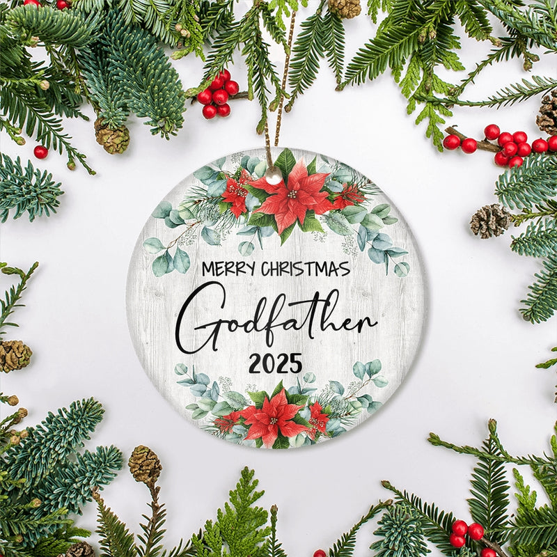 Merry Christmas Godfather 2024 Ornament New Godfather Farmhouse Rustic Gray Wood Deep Red Poinsettia Flower Decoration Christmas Tree Ornament Circle Ornament Mockup 2 800x.jpg