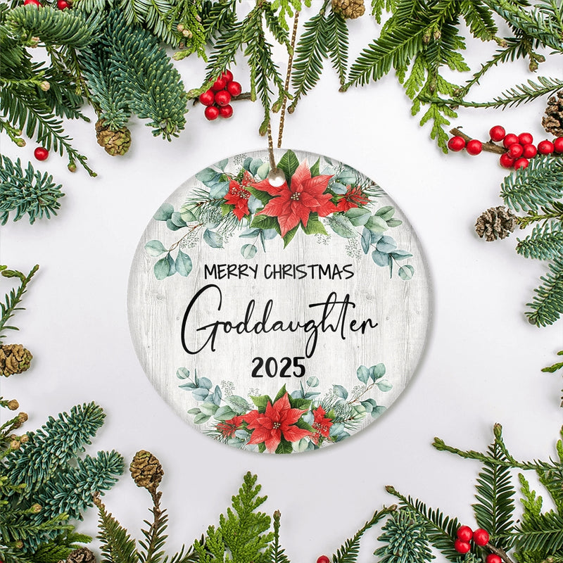 Merry Christmas Goddaughter 2024 Ornament New Goddaughter Farmhouse Rustic Gray Wood Deep Red Poinsettia Flower Decoration Christmas Tree Ornament Circle Ornament Mockup 2 800x.jpg