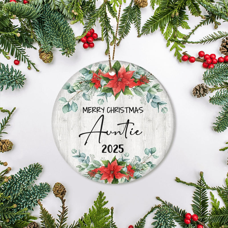 Merry Christmas Auntie 2024 Ornament New Auntie Farmhouse Rustic Gray Wood Deep Red Poinsettia Flower Decoration Christmas Tree Ornament Circle Ornament Mockup 2 800x.jpg
