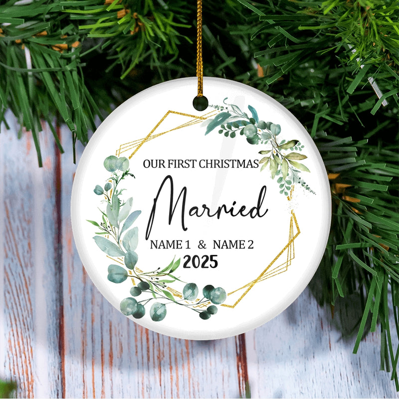 Personalized Our First Christmas Ornament First Christmas 1st Christmas Married Custom Name Decoration 23 Customized Christmas Tree Ornament Circle Ornament Mockup 3 800x.jpg