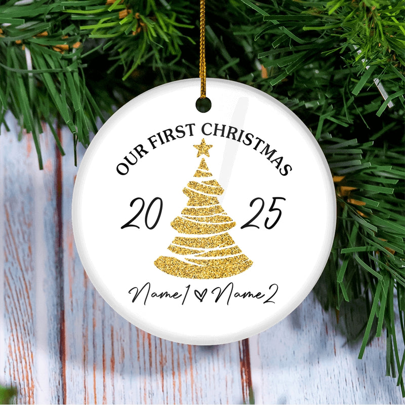 Personalized First Year Married Christmas Ornament Just Married Newlywed Keepsake Custom Name Decoration 24 Customized Christmas Tree Ornament Circle Ornament Mockup 3 800x.jpg