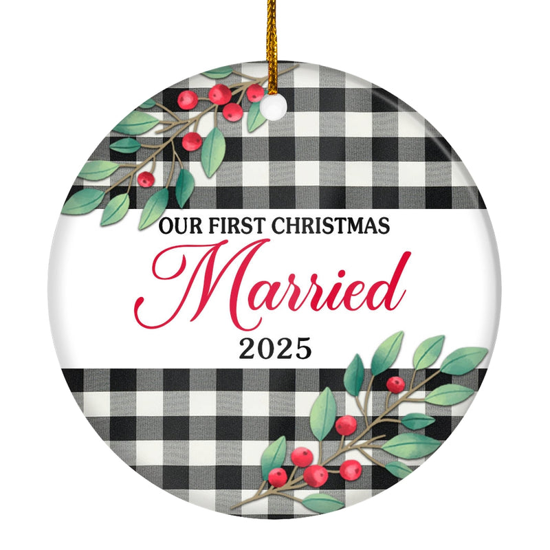 Our First Christmas Married Mr And Mrs 2025 Black White Buffalo Plaid For Wedding Newlywed Couple 20 Christmas Tree Ornament Circle Ornament Mockup 1 800x.jpg