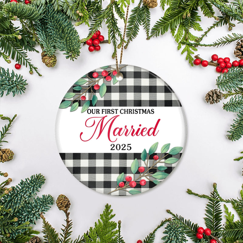 Our First Christmas Married Mr And Mrs 2025 Black White Buffalo Plaid For Wedding Newlywed Couple 20 Christmas Tree Ornament Circle Ornament Mockup 2 800x.jpg