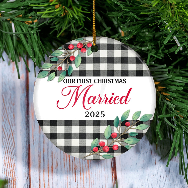 Our First Christmas Married Mr And Mrs 2025 Black White Buffalo Plaid For Wedding Newlywed Couple 20 Christmas Tree Ornament Circle Ornament Mockup 3 800x.jpg