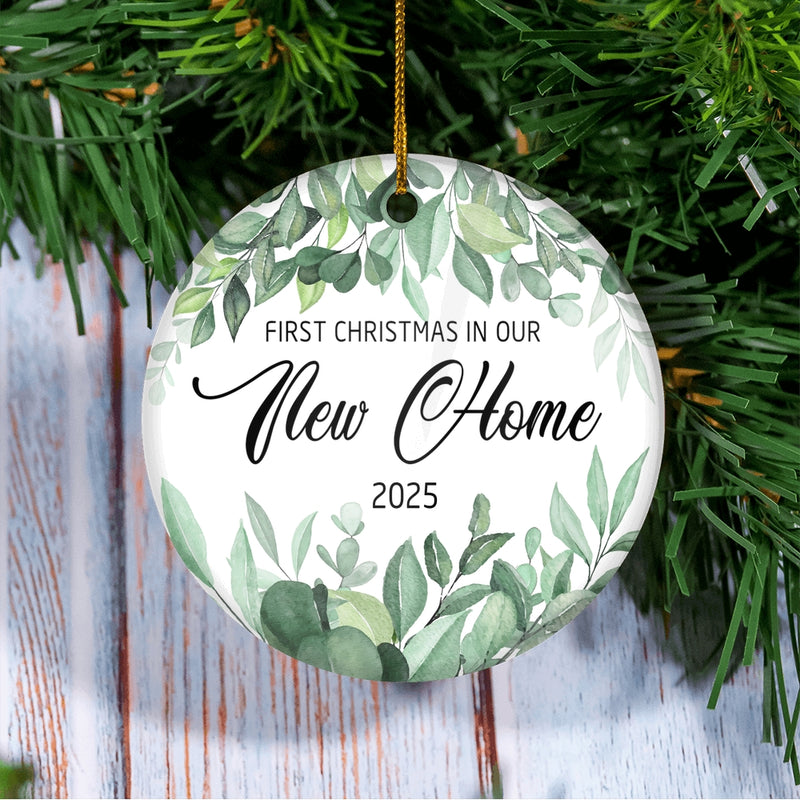 First Christmas In Our New Home Mr And Mrs 2025 Flower Leaf For Wedding Newlywed Couple 14 2025 Christmas Tree Ornament Circle Ornament Mockup 3 800x.jpg