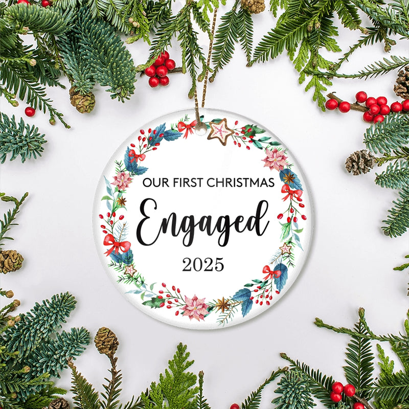 Our First Christmas Engaged 2025 Just Married For Wedding Newlywed Couple 19 2025 Christmas Tree Ornament Circle Ornament Mockup 2 800x.jpg