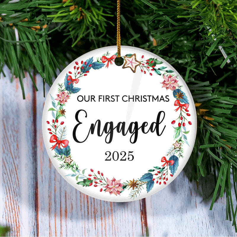Our First Christmas Engaged 2025 Just Married For Wedding Newlywed Couple 19 2025 Christmas Tree Ornament Circle Ornament Mockup 3 800x.jpg