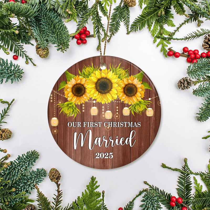 2025 Our First Christmas Married Mr And Mrs Gift Sunflower For Wedding Newlywed Couple 2025 Christmas Tree Ornament Circle Ornament Mockup 2 800x.jpg