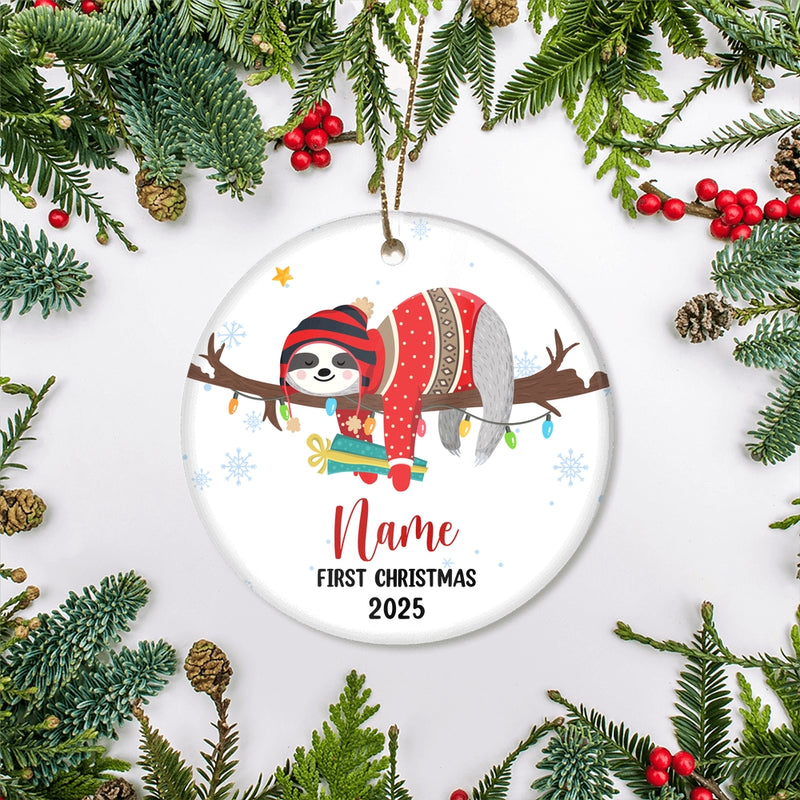Personalized First Christmas Baby Ornament Custom Baby s Name Cute Sloth First Christmas Baby 06 Customized Christmas Tree Ornament Circle Ornament Mockup 2 800x.jpg