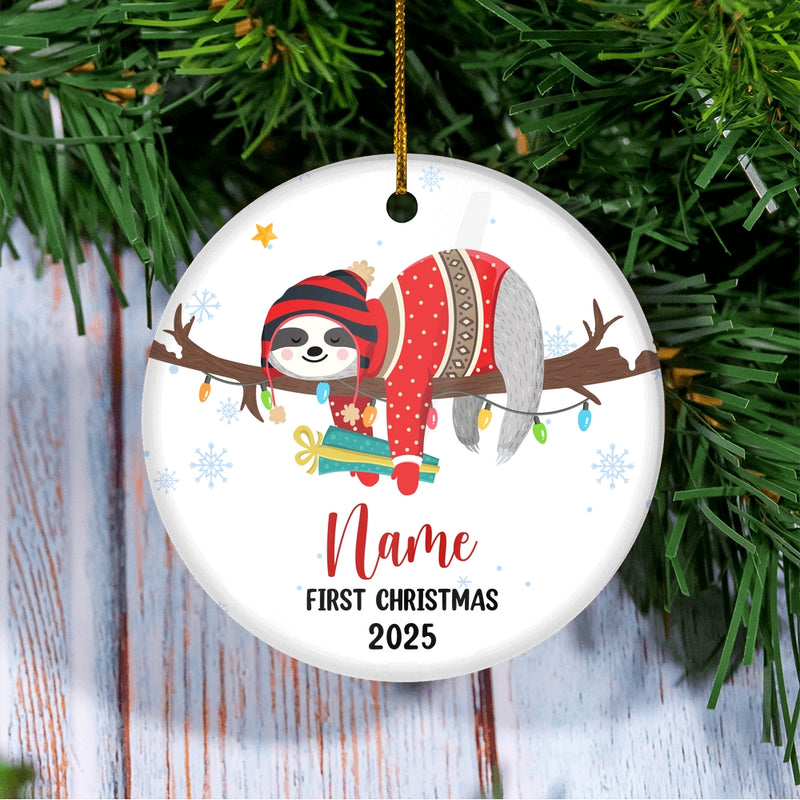 Personalized First Christmas Baby Ornament Custom Baby s Name Cute Sloth First Christmas Baby 06 Customized Christmas Tree Ornament Circle Ornament Mockup 3 800x.jpg