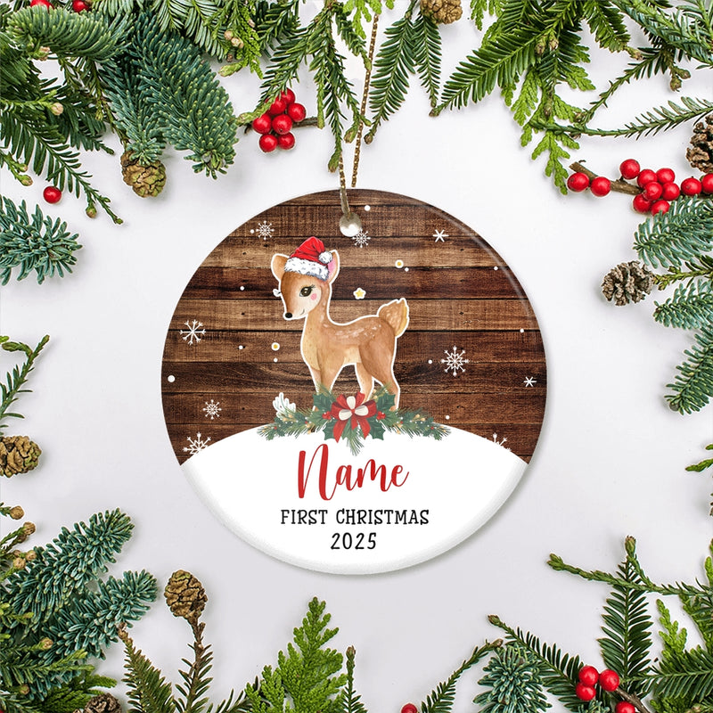 Personalized First Christmas Baby Ornament Custom Baby s Name Cute Deer First Christmas Baby 01 Customized Christmas Tree Ornament Circle Ornament Mockup 2 800x.jpg