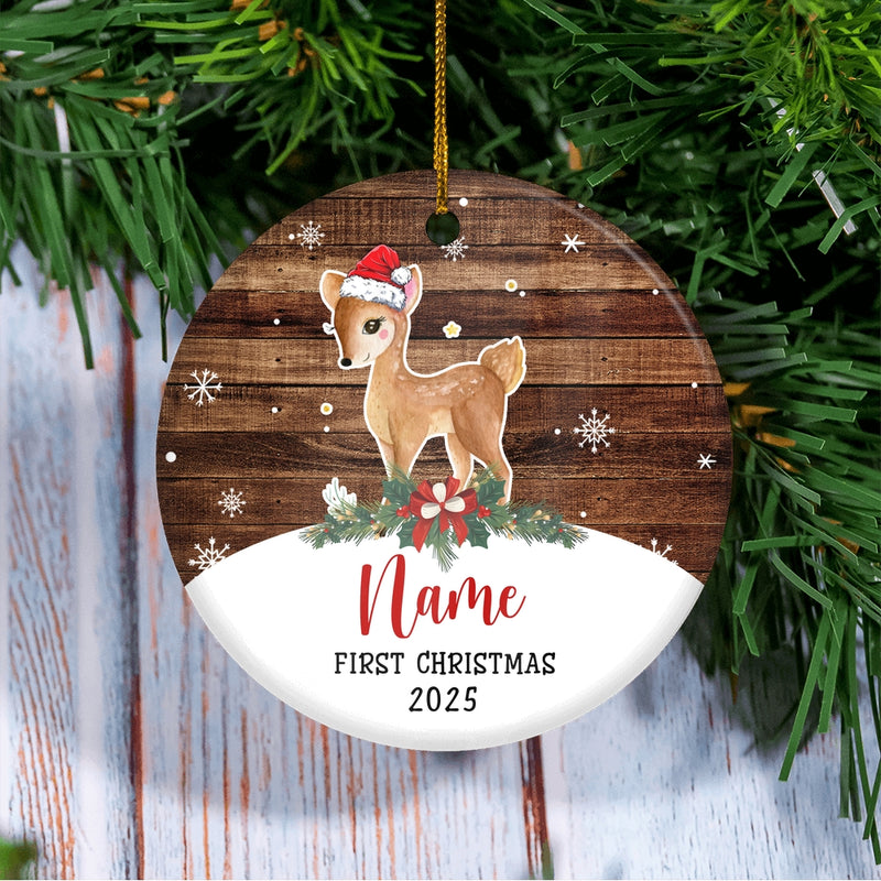 Personalized First Christmas Baby Ornament Custom Baby s Name Cute Deer First Christmas Baby 01 Customized Christmas Tree Ornament Circle Ornament Mockup 3 800x.jpg