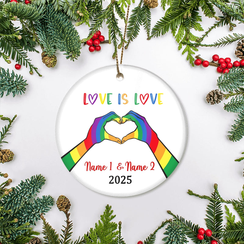 Personalized Love is Love LGBT Ornament Couple LGBTQ Christmas Tree Gay Lesbian Rainbow Friend Lovers Love is Pride Customized Christmas Tree Ornament Circle Ornament Mockup 2 800x.jpg