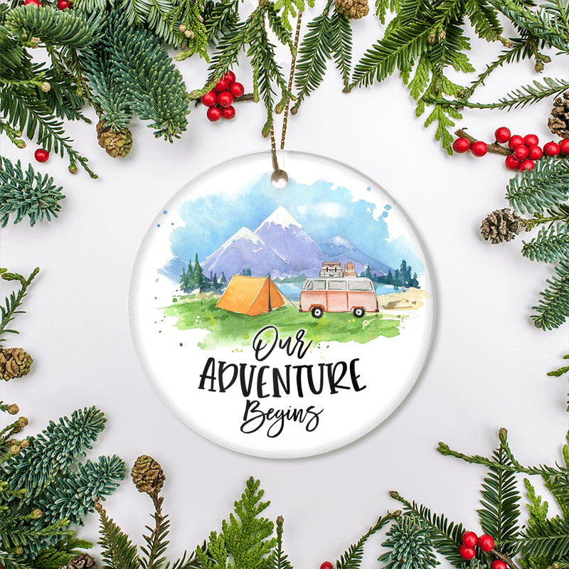 First Christmas Ornaments Rustic With Red Truck And Green Tree First XMAS Wedding Presents For Newlywed Our Adventure Begins Holiday Christmas Tree Ornament Circle Ornament Mockup 2 800x.jpg