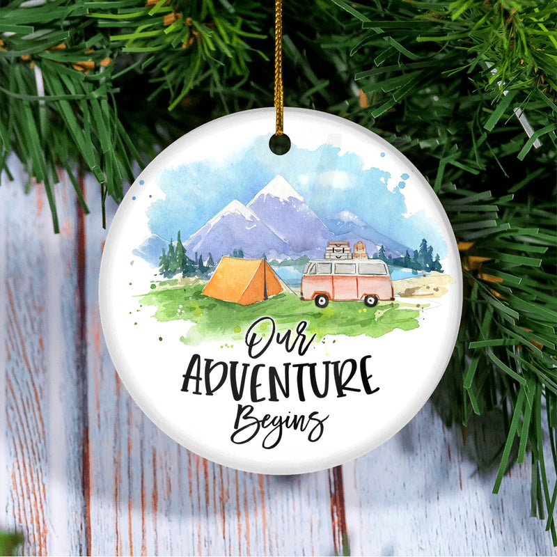 First Christmas Ornaments Rustic With Red Truck And Green Tree First XMAS Wedding Presents For Newlywed Our Adventure Begins Holiday Christmas Tree Ornament Circle Ornament Mockup 3 800x.jpg