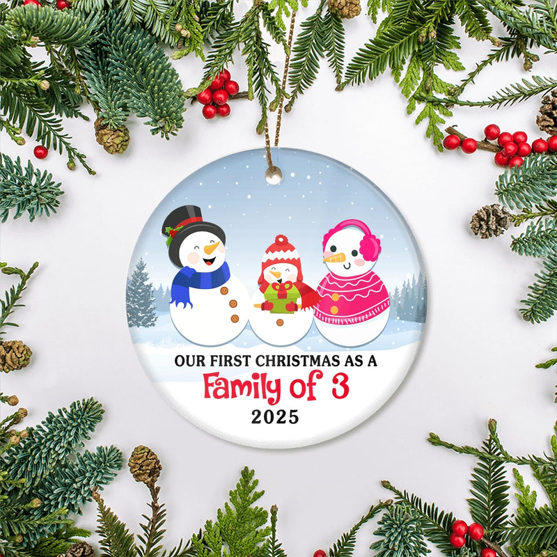 First Christmas as a Family of Three Ornament 2024 1st Christmas as Mommy and Daddy New Parents New Baby Snowman Gift Christmas Tree Ornament Circle Ornament Mockup 2 800x.jpg