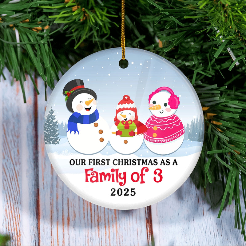 First Christmas as a Family of Three Ornament 2024 1st Christmas as Mommy and Daddy New Parents New Baby Snowman Gift Christmas Tree Ornament Circle Ornament Mockup 3 800x.jpg