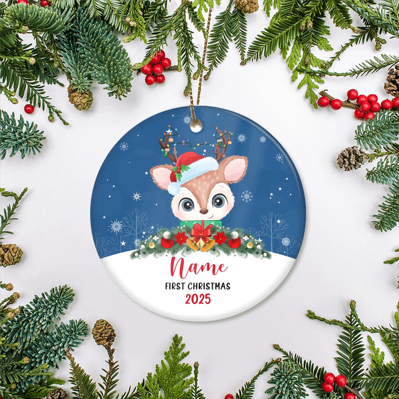 Personalized First Christmas Baby Ornament Custom Baby s Name Cute Deer First Christmas Baby 03 Customized Christmas Tree Ornament Circle Ornament Mockup 2 800x.jpg