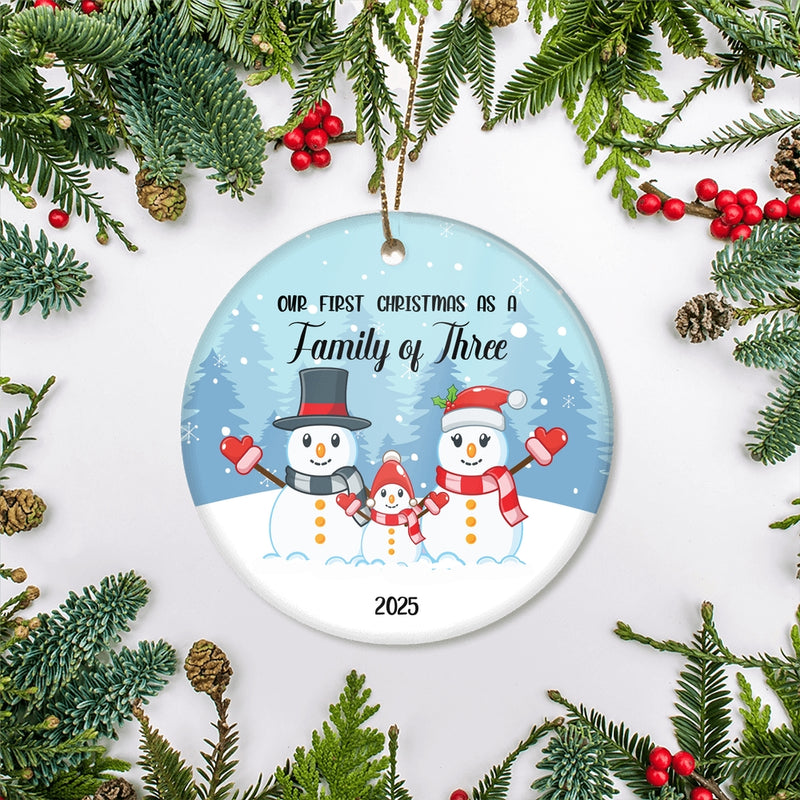 Our First Christmas as a Family of Three 2024 Ornament Snowman Keepsake Gift for New Baby Parents Christmas Tree Ornament Circle Ornament Mockup 2 800x.jpg