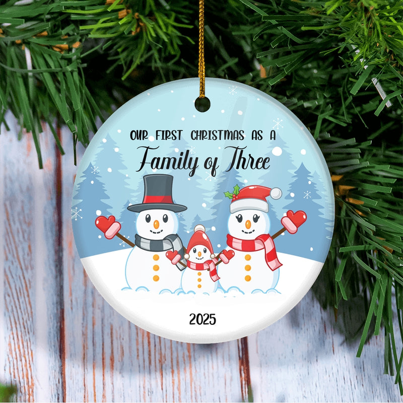 Our First Christmas as a Family of Three 2024 Ornament Snowman Keepsake Gift for New Baby Parents Christmas Tree Ornament Circle Ornament Mockup 3 800x.jpg