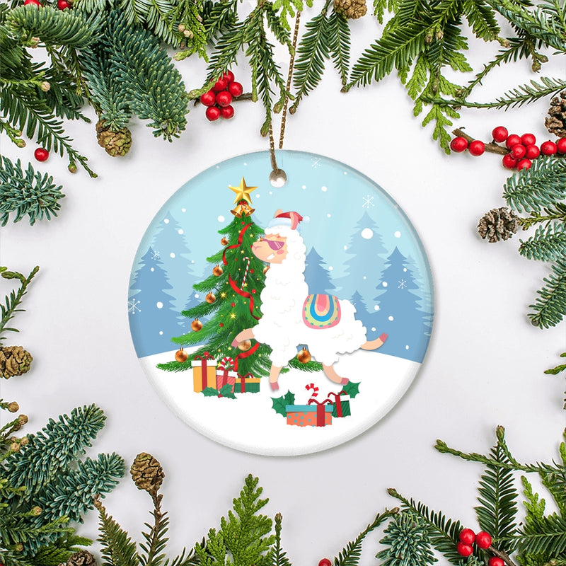 Merry Christmas Tree Llama Christmas Tree Ornament Circle Ornament Mockup 2 800x.jpg