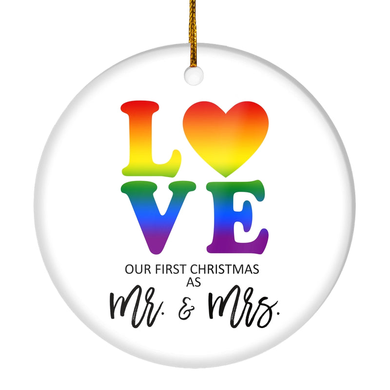 LGBT LOVE Christmas Ornament First Christmas Mrs Mrs Wedding Present Lesbian Married Couple Gay Women First Holiday Marriage Rainbow Circle Ornament Mockup 1 800x.jpg