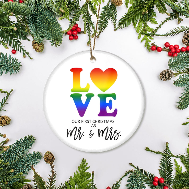 LGBT LOVE Christmas Ornament First Christmas Mrs Mrs Wedding Present Lesbian Married Couple Gay Women First Holiday Marriage Rainbow Circle Ornament Mockup 2 800x.jpg