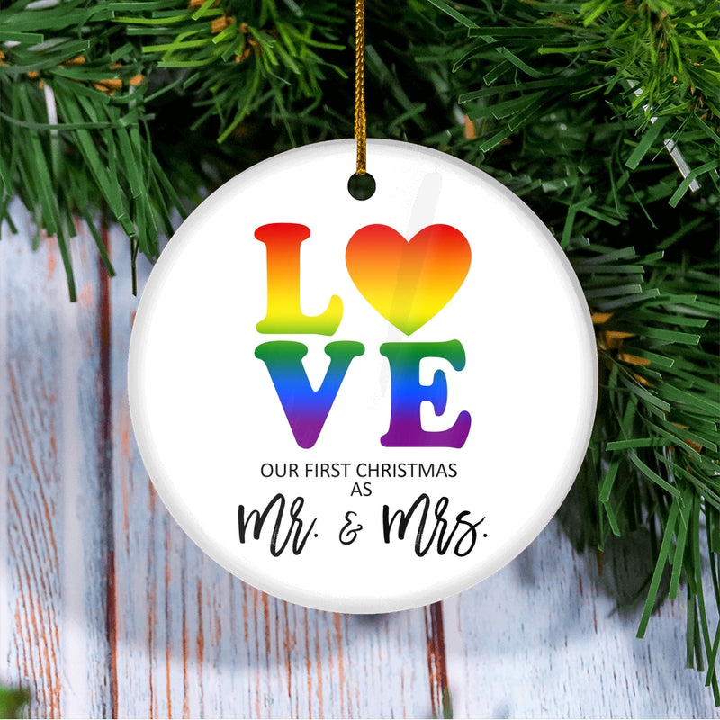 LGBT LOVE Christmas Ornament First Christmas Mrs Mrs Wedding Present Lesbian Married Couple Gay Women First Holiday Marriage Rainbow Circle Ornament Mockup 3 800x.jpg