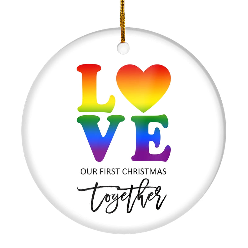 LGBT LOVE Christmas Ornament Our First Holiday Together Gifts Boyfriend Girlfriend Gay Couple Pride Partners 1st Christmas Rainbow Circle Ornament Mockup 1 800x.jpg