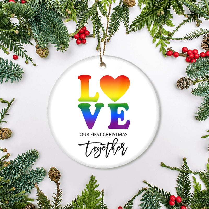 LGBT LOVE Christmas Ornament Our First Holiday Together Gifts Boyfriend Girlfriend Gay Couple Pride Partners 1st Christmas Rainbow Circle Ornament Mockup 2 800x.jpg