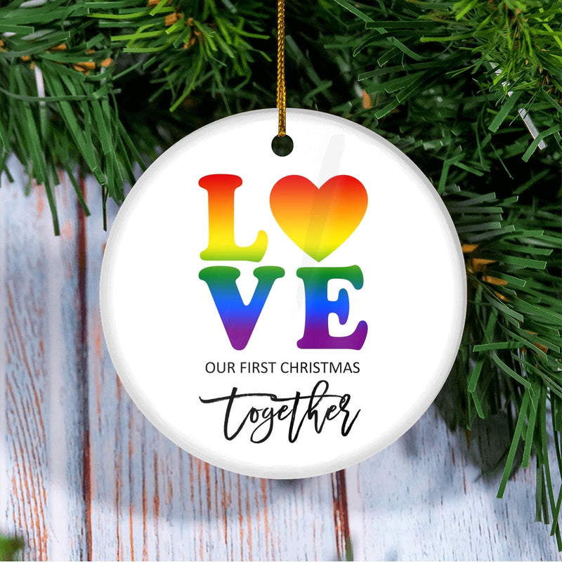 LGBT LOVE Christmas Ornament Our First Holiday Together Gifts Boyfriend Girlfriend Gay Couple Pride Partners 1st Christmas Rainbow Circle Ornament Mockup 3 800x.jpg
