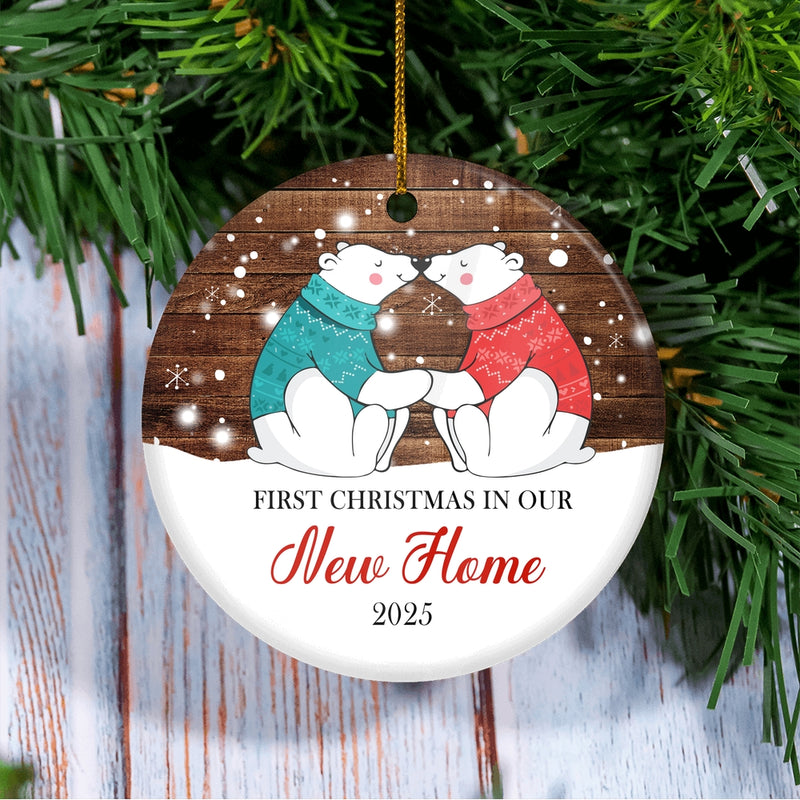 First Christmas In Our New Home New House Bear 2024 Christmas Tree For Wedding Newlywed Couple Christmas Tree Ornament Circle Ornament Mockup 3 800x.jpg