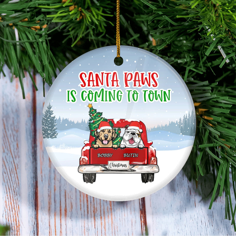 Personalized Dog Ornament Christmas Red Car Santa Is Coming To Town Pet Custom Gift for Dog Lovers Customized Christmas Tree Ornament Circle Ornament Mockup 3 800x.jpg