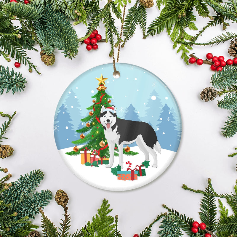Merry Christmas Tree Siberian Husky Christmas and Dogs Gift for Dog Lovers Christmas Tree Ornament Circle Ornament Mockup 2 800x.jpg
