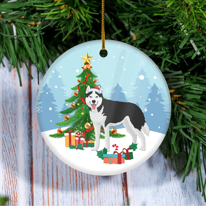 Merry Christmas Tree Siberian Husky Christmas and Dogs Gift for Dog Lovers Christmas Tree Ornament Circle Ornament Mockup 3 800x.jpg