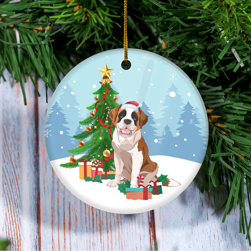 Merry Christmas Tree Saint Bernard Christmas and Dogs Gift for Dog Lovers Christmas Tree Ornament Circle Ornament Mockup 3 800x.jpg