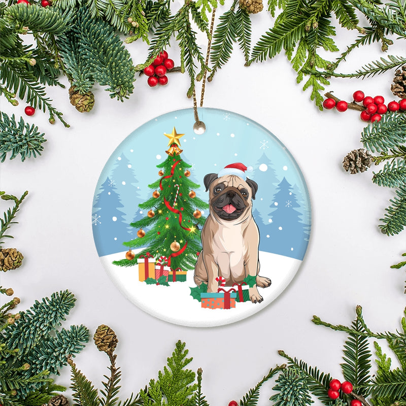 Merry Christmas Tree Pug Christmas and Dogs Gift for Dog Lovers Christmas Tree Ornament Circle Ornament Mockup 2 800x.jpg