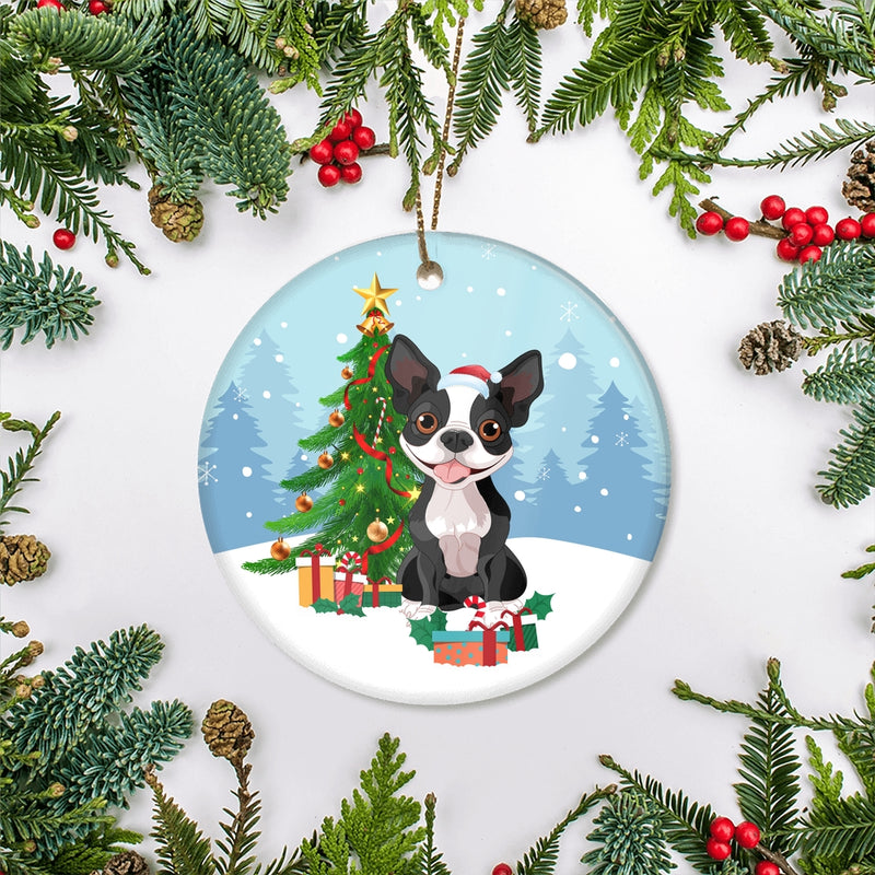 Merry Christmas Tree Boston Terrier Christmas and Dogs Gift for Dog Lovers Christmas Tree Ornament Circle Ornament Mockup 2 800x.jpg