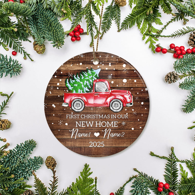 Personalized 2025 First Christmas in Our New Home Ornament Red Car Mr Mrs Newlywed Couples Romantic Customized Christmas Tree Ornament Circle Ornament Mockup 2 800x.jpg