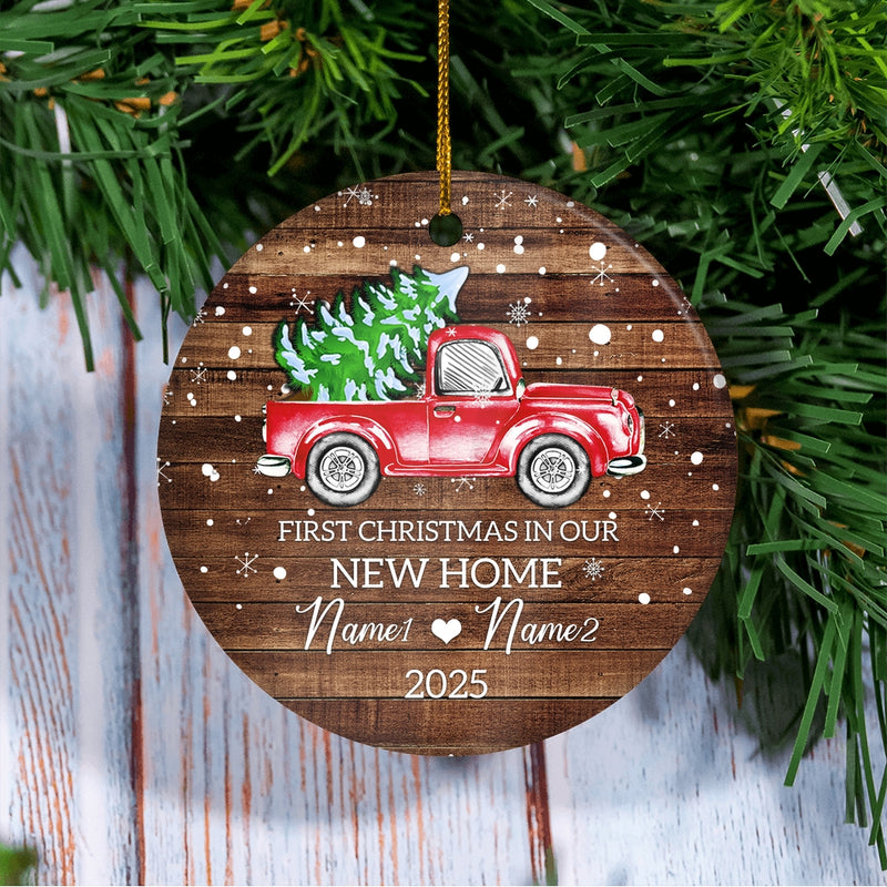 Personalized 2025 First Christmas in Our New Home Ornament Red Car Mr Mrs Newlywed Couples Romantic Customized Christmas Tree Ornament Circle Ornament Mockup 3 800x.jpg