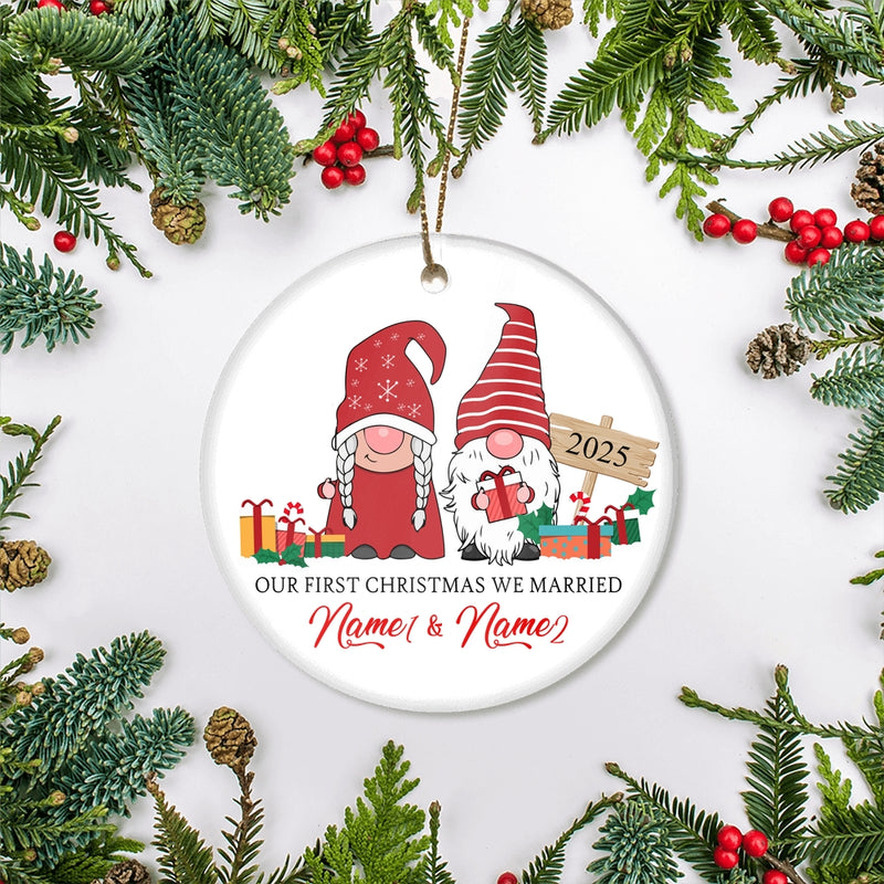 Personalized First Christmas We Married Ornament 2025 Funny Gifts Couple Gnome Christmas Family Holiday Customized Christmas Tree Ornament Circle Ornament Mockup 2 800x.jpg