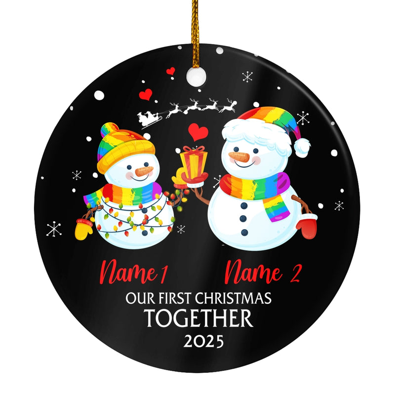 Personalized Our First Christmas 2025 Married Engagement Couple LGBTQ Christmas Snowman Gay Lesbian Love is Pride Customized Christmas Tree Ornament Circle Ornament Mockup 1 800x.jpg
