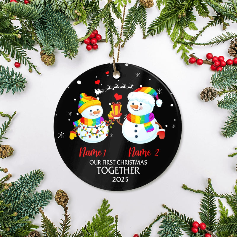 Personalized Our First Christmas 2025 Married Engagement Couple LGBTQ Christmas Snowman Gay Lesbian Love is Pride Customized Christmas Tree Ornament Circle Ornament Mockup 2 800x.jpg