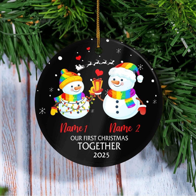 Personalized Our First Christmas 2025 Married Engagement Couple LGBTQ Christmas Snowman Gay Lesbian Love is Pride Customized Christmas Tree Ornament Circle Ornament Mockup 3 800x.jpg