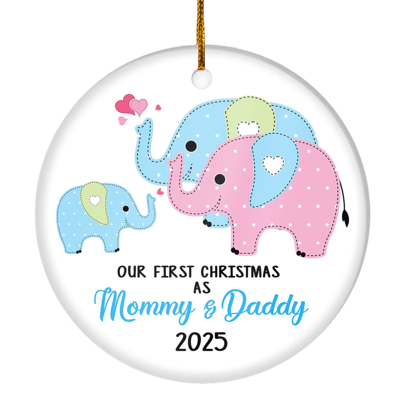 Our First Christmas as Mommy and Daddy 2025 1st Xmas Ornament for New Parents Elephant Mom Dad Newborn Baby Christmas Tree Ornament Circle Ornament Mockup 1 800x.jpg